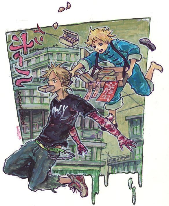 bandage, blonde_hair, blue_eyes, dorohedoro, gyoza, nikaido, shin