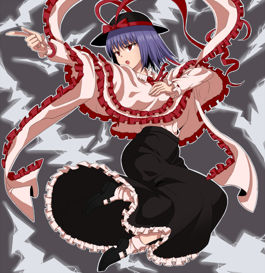 capelet, hat, kamirobo, long_skirt, nagae_iku, open_mouth, pointing, purple_hair