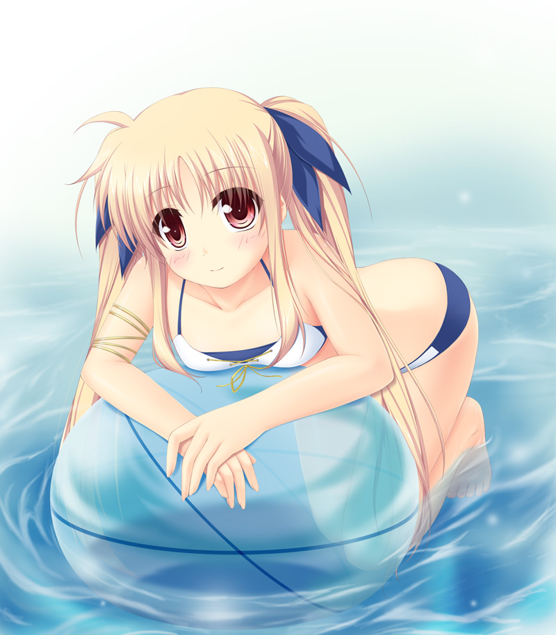amicis, ball, barefoot, beachball, bikini, blonde_hair, blush, collarbone