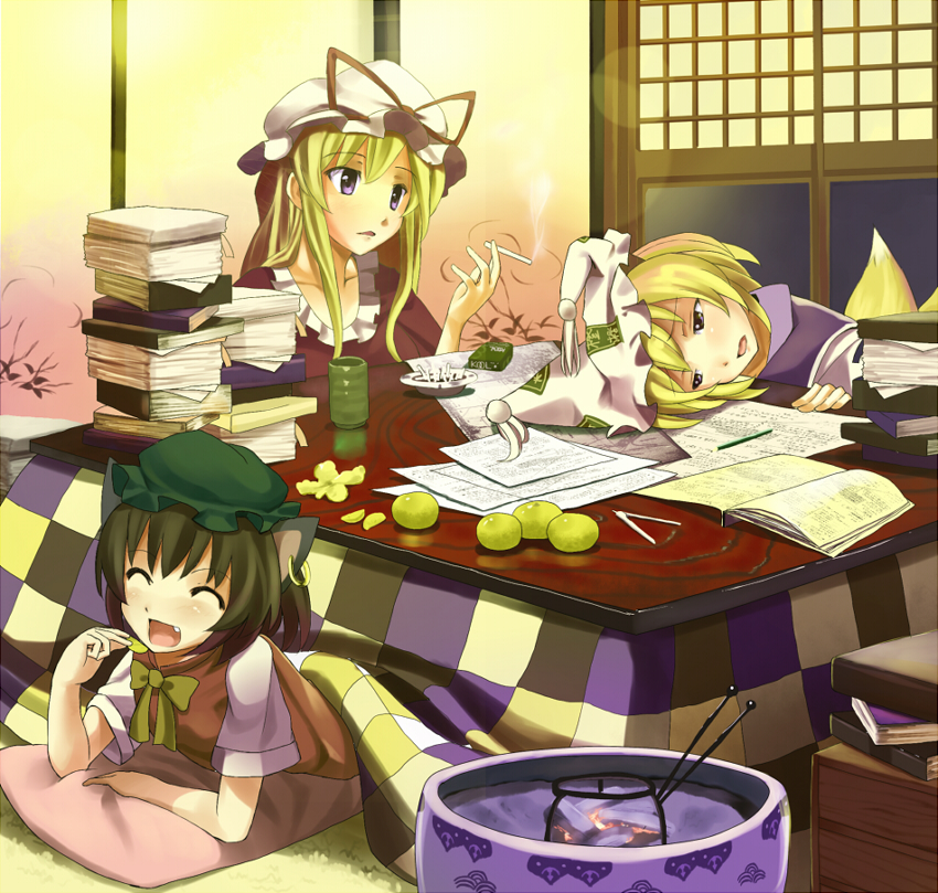 ashtray, bad_id, blonde_hair, bonnet, book, brown_hair, cat_ears, chen