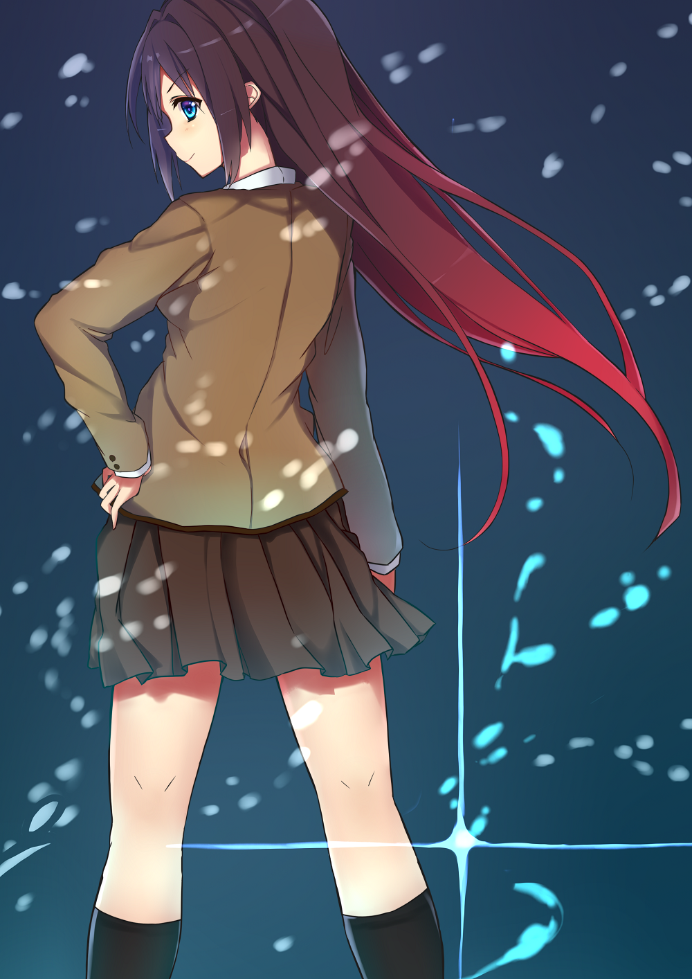 aozaki_aoko, black_hair, black_legwear, blue_eyes, brown_hair, from_behind, gradient_hair, hair_gradient