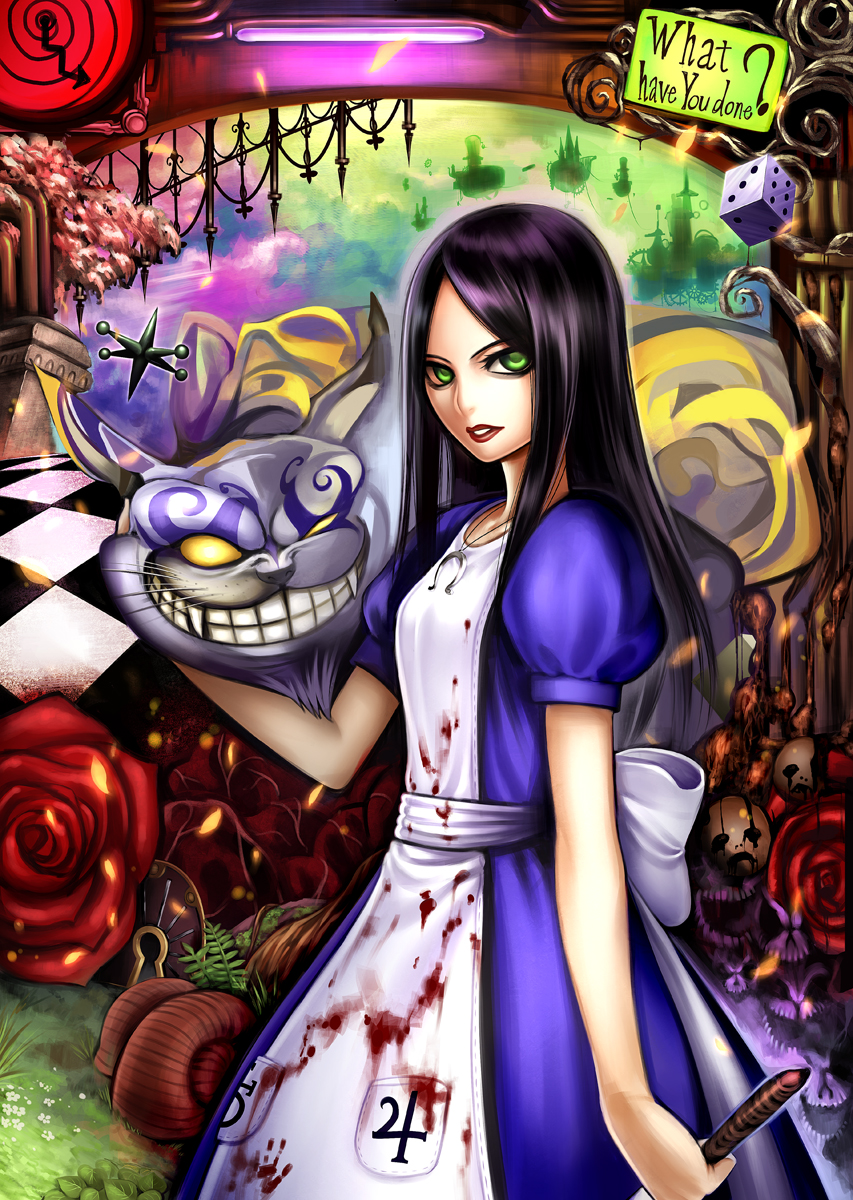 ?, alice:_madness_returns, alice_(wonderland), alice_in_wonderland, american_mcgee's_alice, black_hair, blood, cheshire_cat