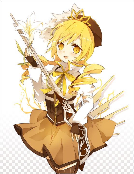 beret, black_gloves, black_legwear, blonde_hair, blush, border, checkered, checkered_background