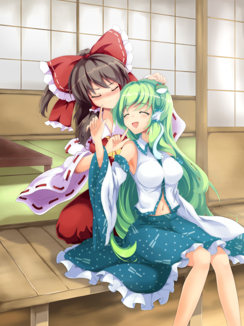bad_id, bare_shoulders, blush, bow, breasts, brown_hair, closed_eyes, detached_sleeves