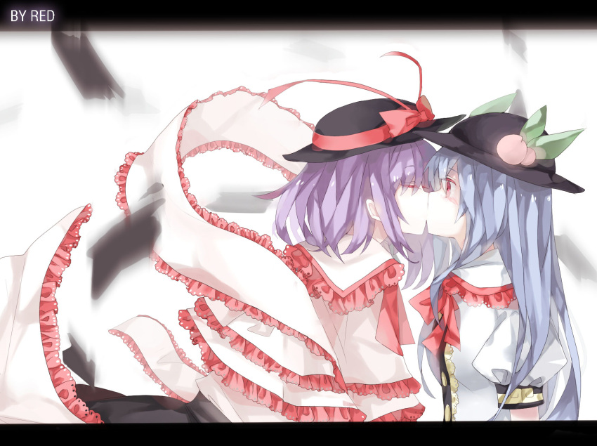 blue_hair, blush, bust, capelet, closed_eyes, eyes_closed, hat, highres, hinanawi_tenshi, kiss, letterboxed, long_hair, multiple_girls, nagae_iku, purple_hair, red_(girllove), red_hair, redhead, shawl, short_hair, touhou, yuri