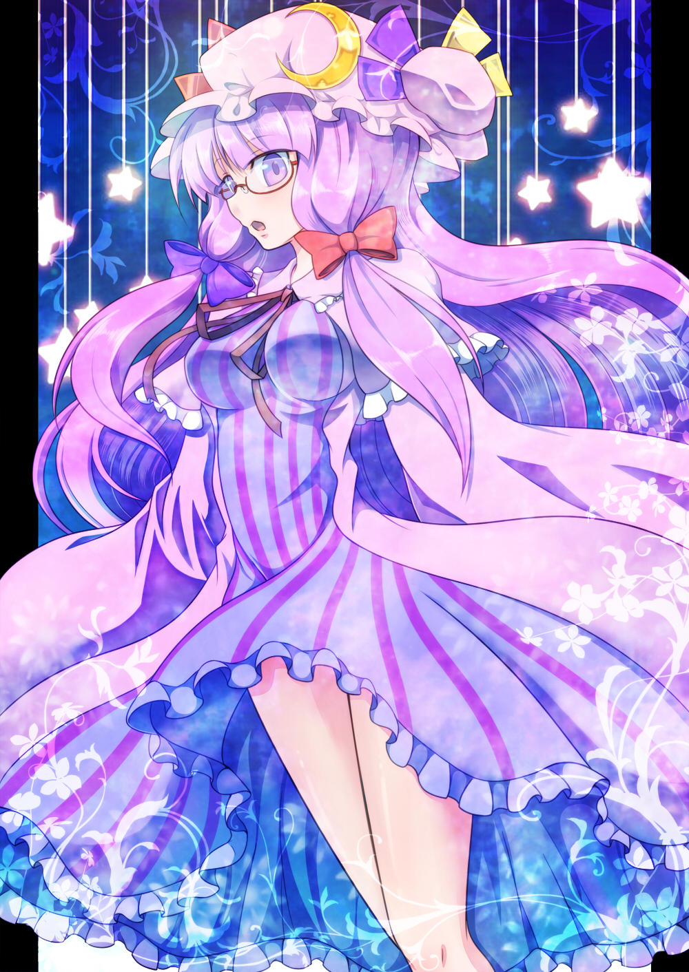 bespectacled, bow, breasts, capelet, crescent, glasses, hair_bow, hat