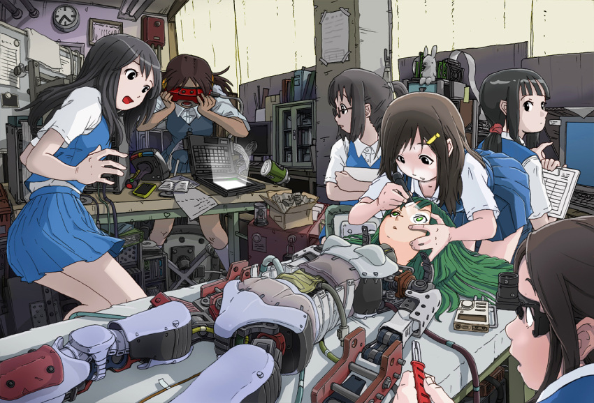 android, assembling, black_eyes, black_hair, brown_hair, bunny, cellphone, clock