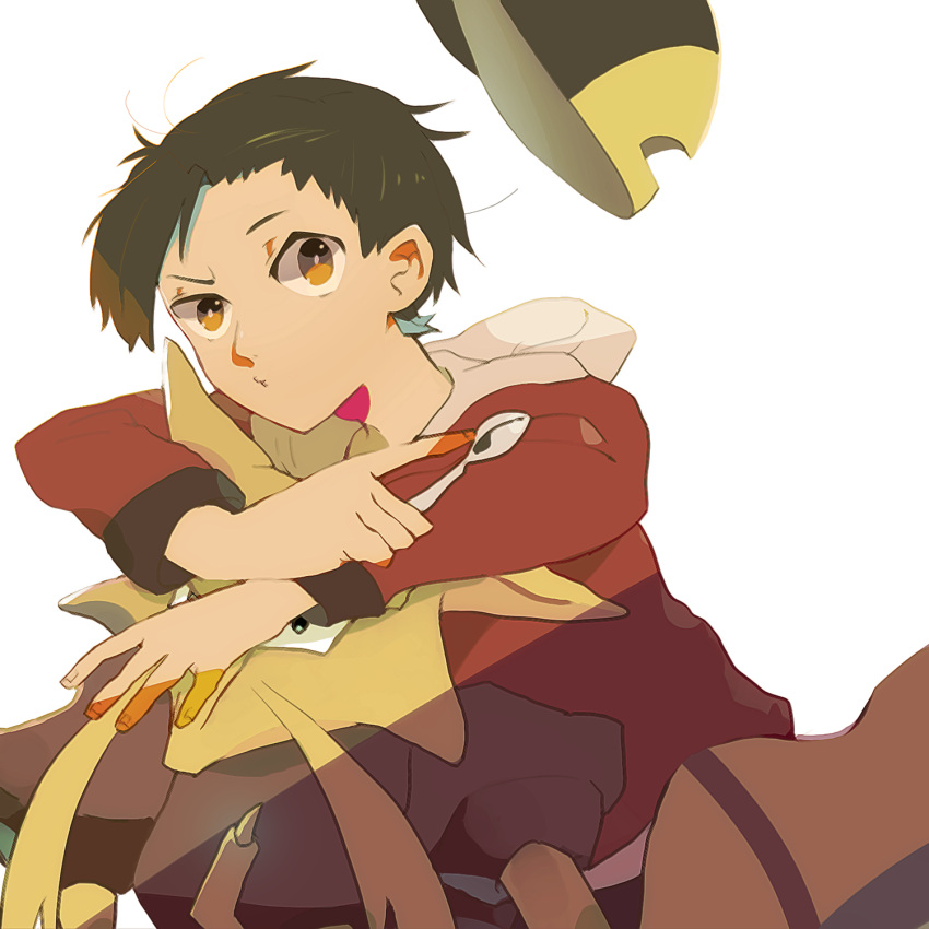 1boy, alakazam, baseball_cap, black_hair, gold_(pokemon), gold_(pokemon)_(remake), hat, headwear_removed