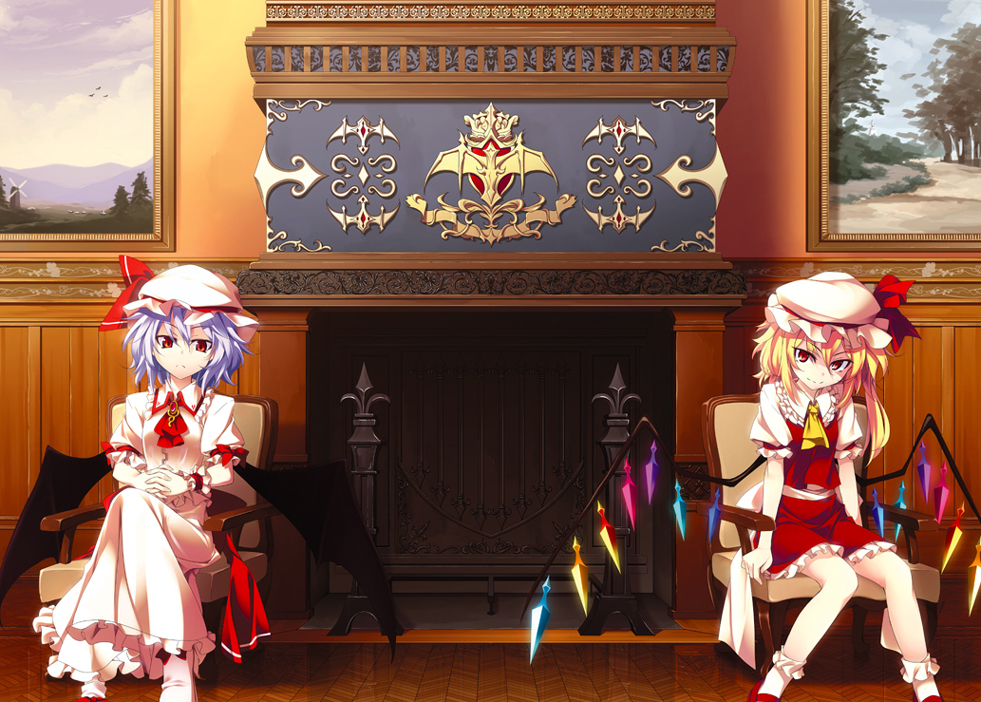 bare_legs, bat_wings, blonde_hair, chair, fireplace, flandre_scarlet, hat, interlocked_fingers