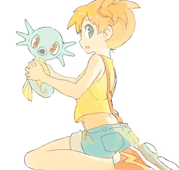1girl, blue_eyes, drawr, holding, horsea, kasumi_(pokemon), orange_hair, pokemon