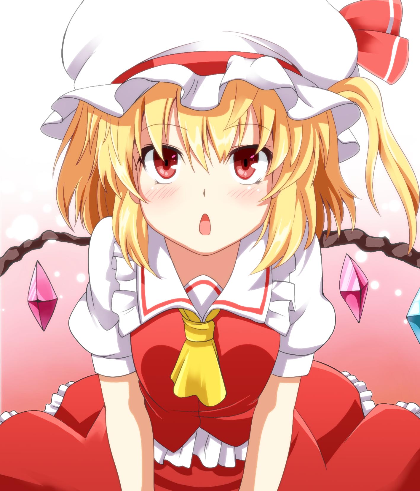 ascot, blonde_hair, blush, eo_(artist), flandre_scarlet, hat, hat_ribbon, highres
