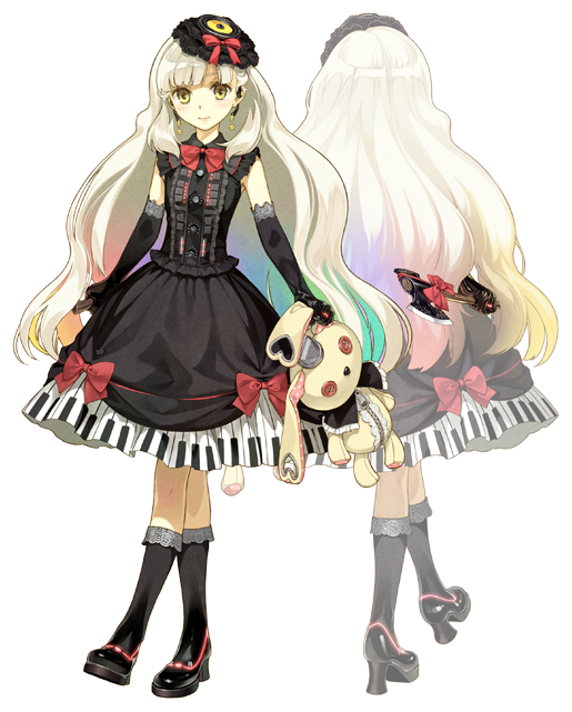 axe, blonde_hair, boots, bow, bunny, dress, elbow_gloves, frilled_legwear, gloves, gothic, gothic_lolita, gradient_hair, hair_ornament, hidari_(left_side), holding, lolita_fashion, mayu_(vocaloid), multicolored_hair, official_art, piano_print, rabbit, rainbow_hair, solo, stuffed_animal, stuffed_toy, transparent_background, vocaloid, weapon, white_background, yellow_eyes