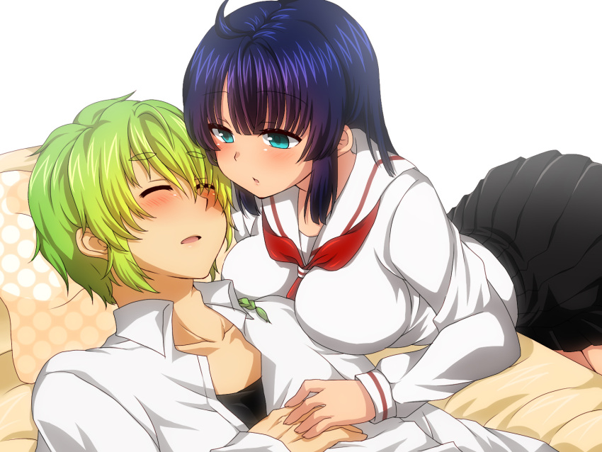 1girl, ahoge, aqua_eyes, bangs, between_breasts, black_hair, blonde_hair, blue_hair, blunt_bangs, blush, braid, breasts, closed_eyes, collarbone, eyebrows, eyes_closed, green_eyes, green_hair, highres, jinguu_shion, large_breasts, leaning_on_person, long_hair, lying, natsu_hotaru, neckerchief, on_back, open_mouth, original, pleated_skirt, school_uniform, short_hair, simple_background, skirt, sleeping