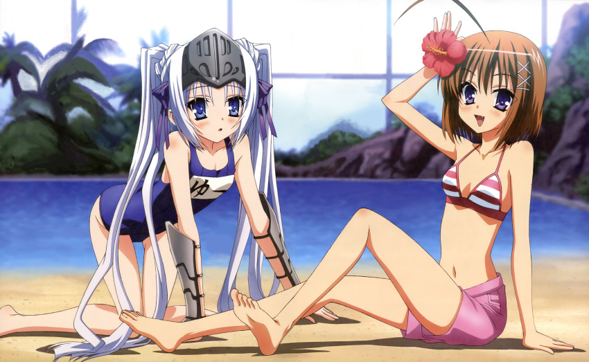 2girls, absurdres, ahoge, armor, barefoot, bikini, blue_eyes, blush
