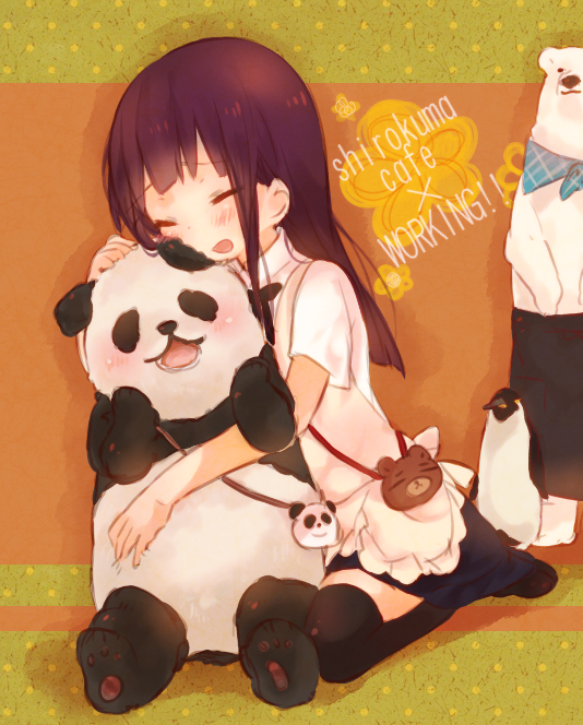 aguri_(aguri0406-aoi), apron, bag, bird, black_hair, black_legwear, blush, closed_eyes