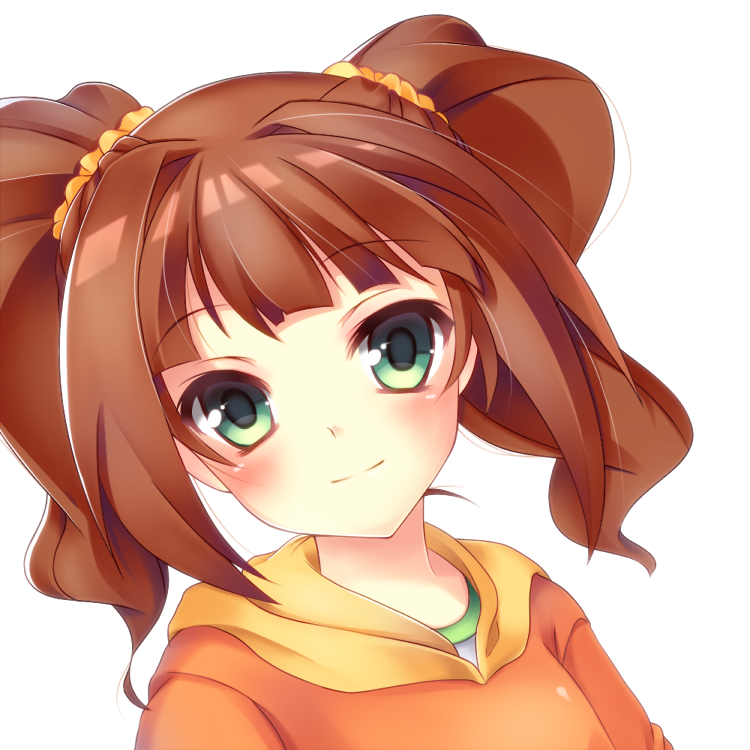 close-up, green_eyes, hoodie, idolmaster, kaniyashiku, long_hair, orange_hair, smile