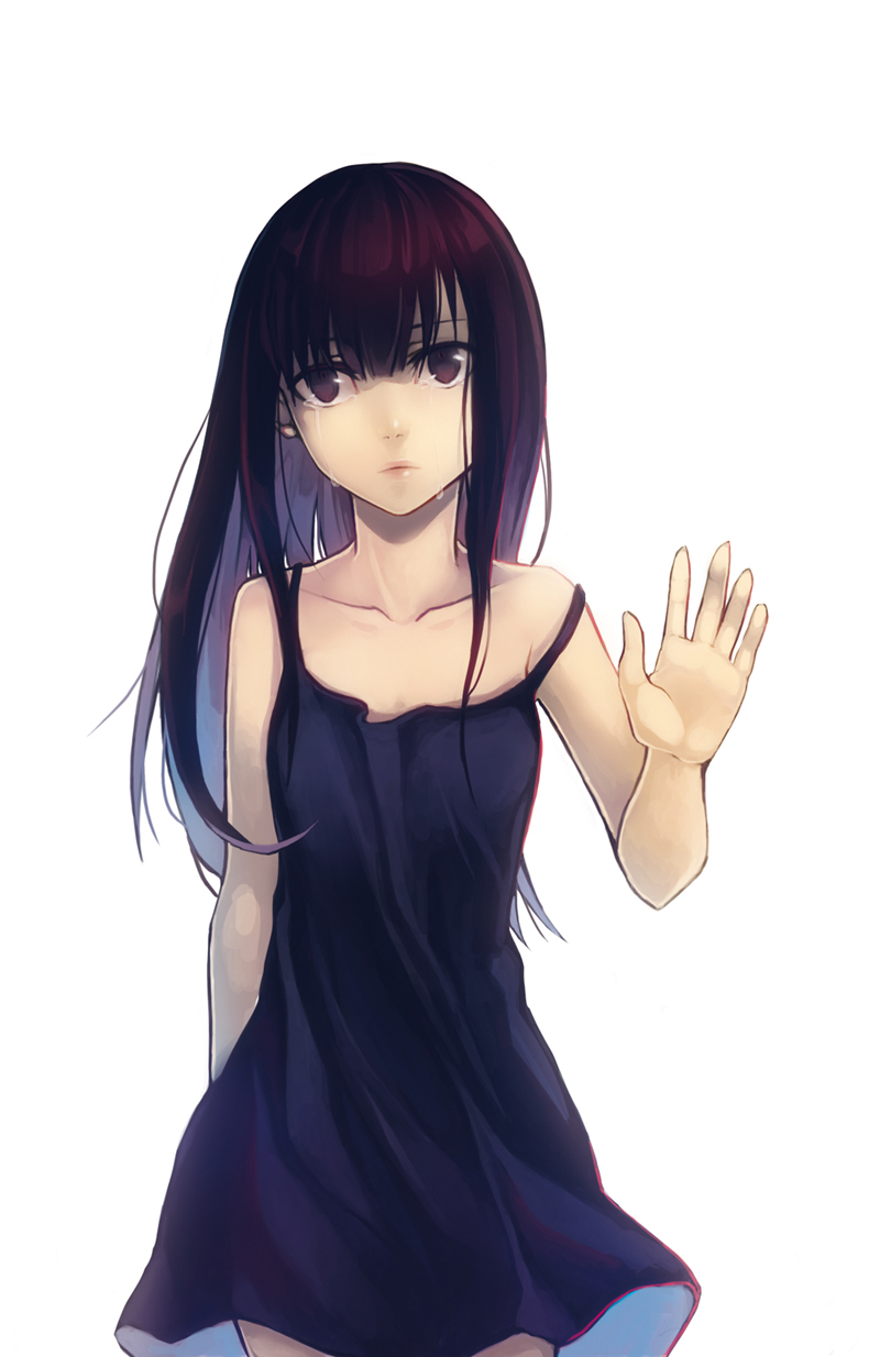 bare_shoulders, black_eyes, black_hair, collarbone, dress, highres, lips, long_hair
