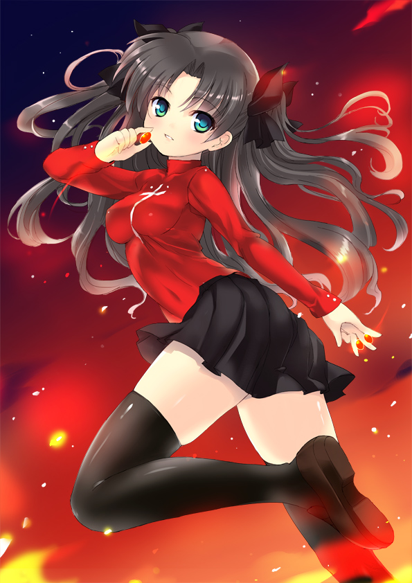 between_fingers, black_hair, black_legwear, blue_eyes, breasts, brown_hair, fate/stay_night, fate_(series)