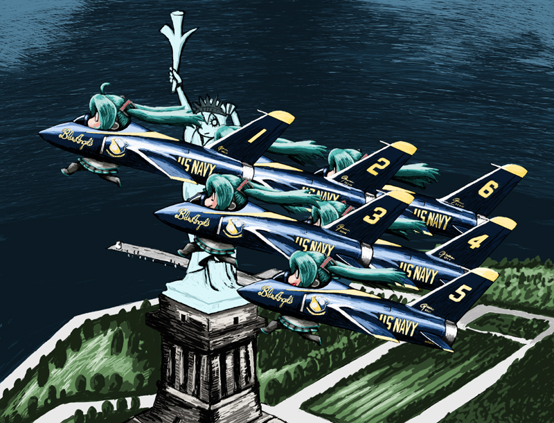 blue_angels, f-11, fighter_jet, flying, hatsune_miku, jet, landmark, military