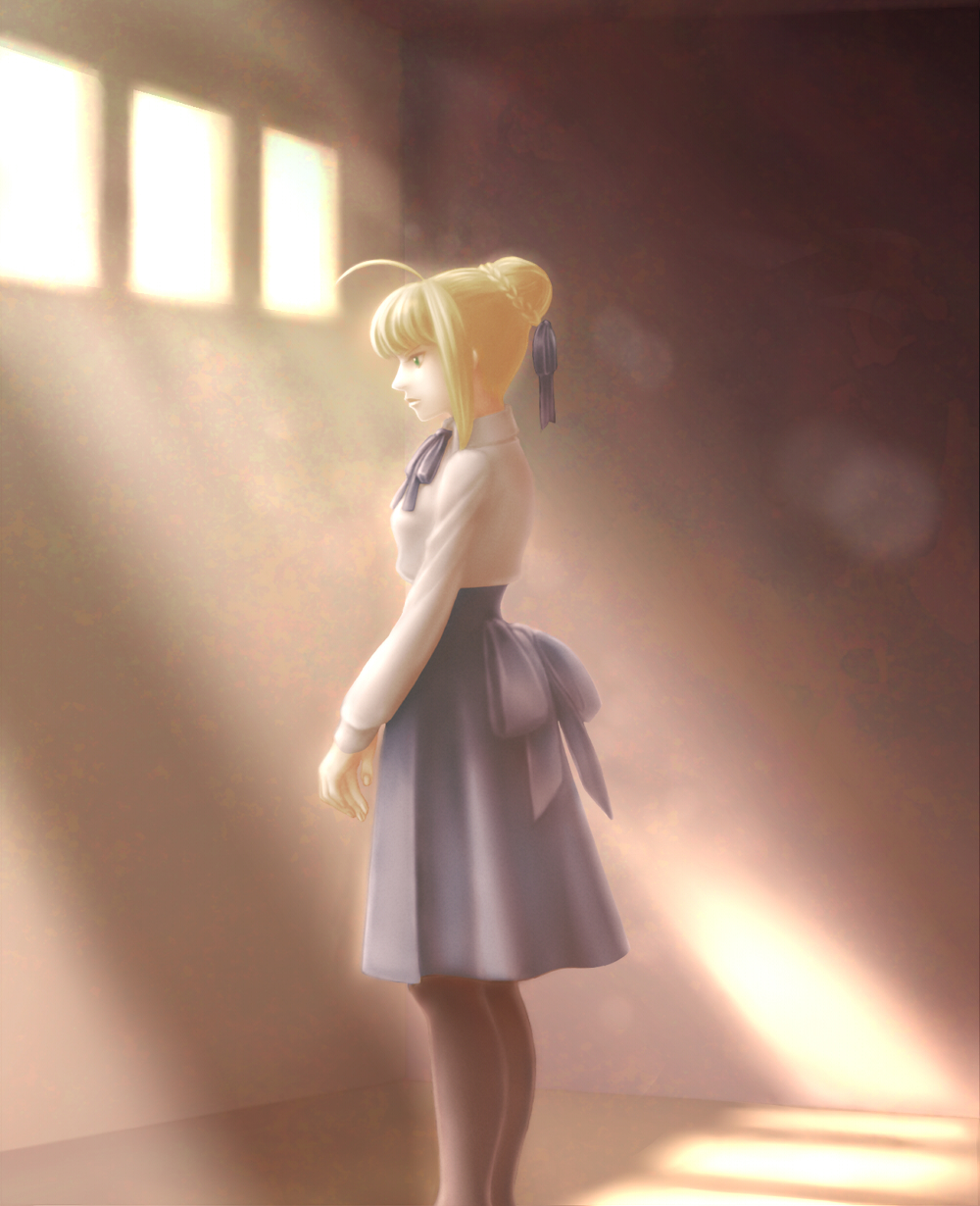 ahoge, black_legwear, blonde_hair, casual, decoy00xx, dress, fate/stay_night, fate_(series)