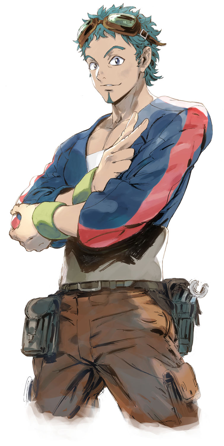 belt, belt_pouch, crossed_arms, facial_hair, goatee, goggles, goggles_on_head, green_hair