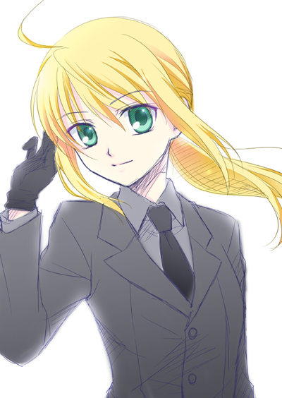 ahoge, androgynous, black_gloves, blonde_hair, fate/zero, fate_(series), female, formal