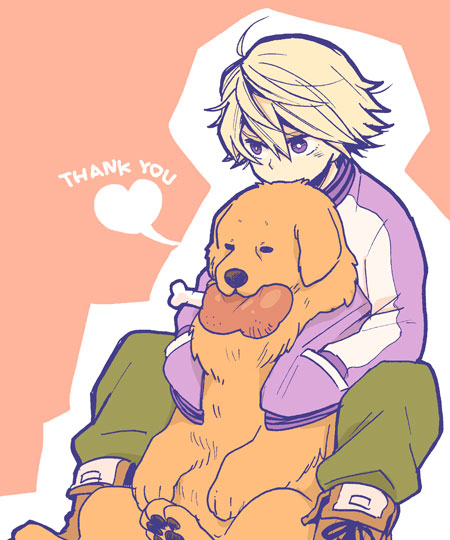 blonde_hair, boned_meat, dog, food, im5364, ivan_karelin, jacket, john_(tiger_&amp;_bunny)