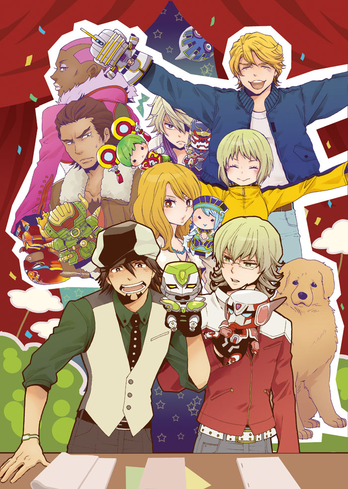 6+boys, antonio_lopez, barnaby_brooks_jr, blonde_hair, blue_rose_(tiger_&amp;_bunny), brown_hair, cabbie_hat, character_doll