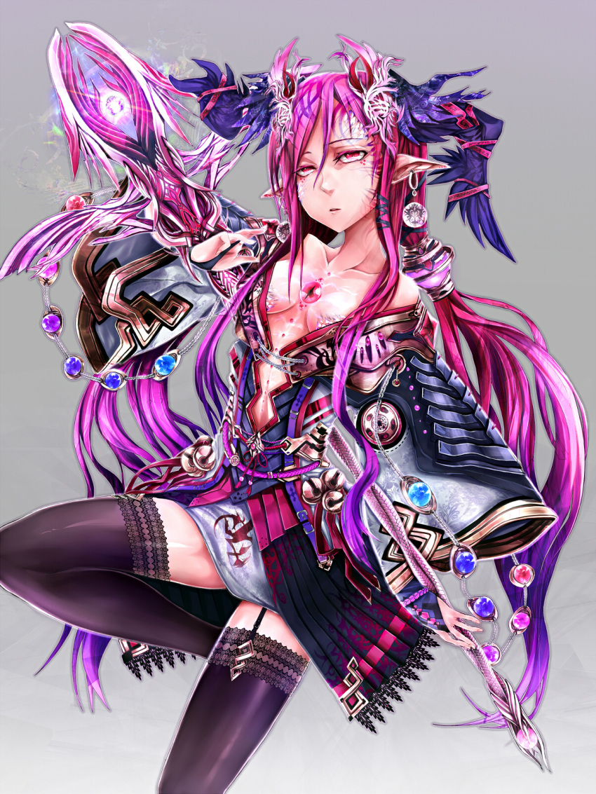 angelegna, bell, black_legwear, collarbone, earrings, garter_straps, gloves, gradient_hair