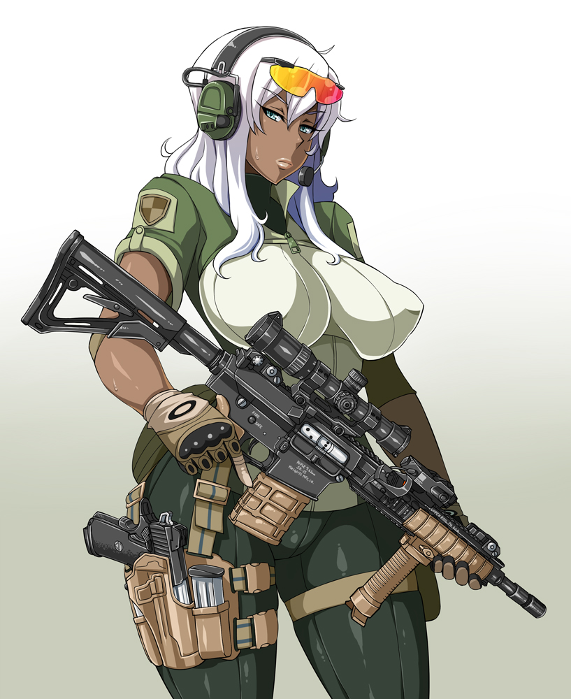 airsoft, aqua_eyes, breasts, dark_skin, enoshima_iki, fingerless_gloves, gloves, glves