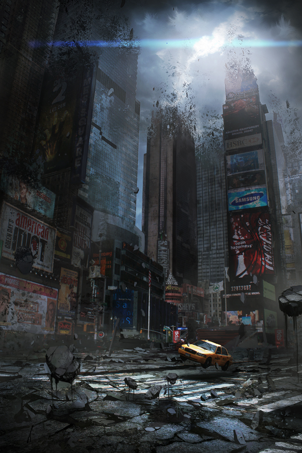 cloudy_sky, crosswalk, debris, landmark, lens_flare, levitation, new_york, no_humans, original, product_placement, real_world_location, revision, ruins, seafh, street, sun, taxi, times_square