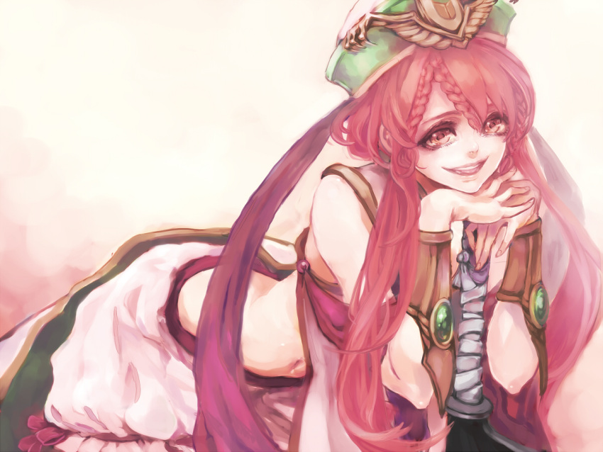 1girl, bare_shoulders, braid, character_request, chin_rest, hands_clasped, hat, hina_(xoxo)