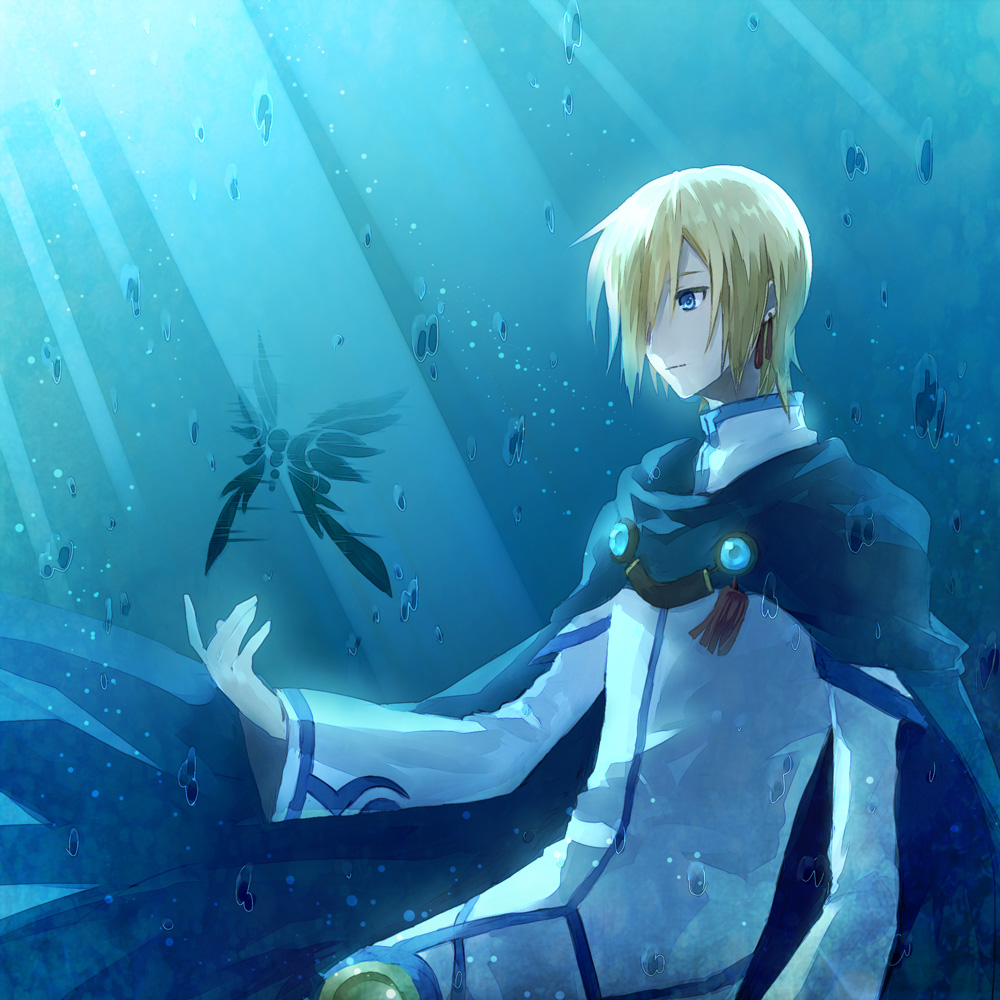 720yen, aqua, blonde_hair, blue_eyes, cape, coat, earrings, jewelry, male, smile, solo, tales_of_(series), tales_of_legendia, underwater, walter_(tales_of_legendia)