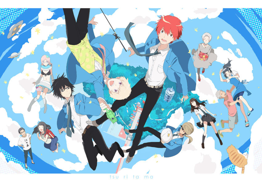 bird, character_request, coco_(tsuritama), duck, erika_(tsuritama), fishing_rod, floating, haru_(tsuritama)