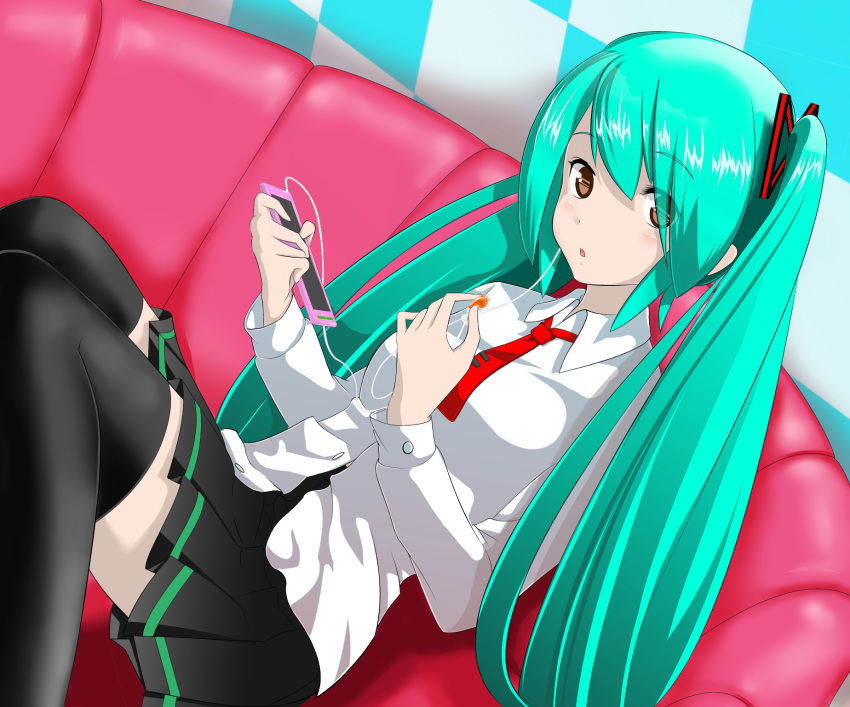 aqua_hair, brown_eyes, digital_media_player, dutch_angle, earphones, hatsune_miku, highres, listening_to_music