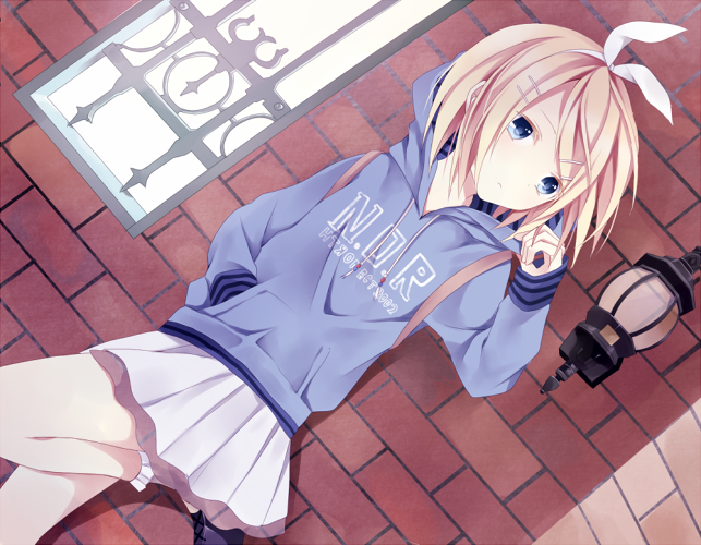 against_wall, blonde_hair, blue_eyes, casual, dutch_angle, hair_ornament, hair_ribbon, hairclip