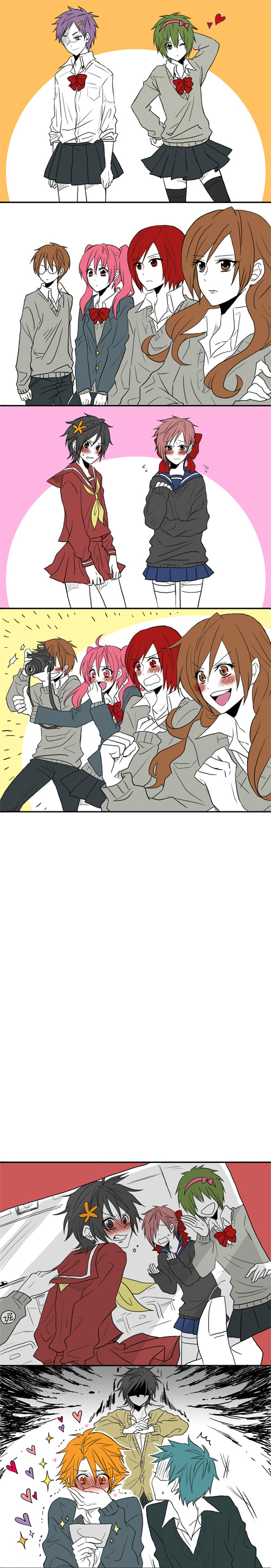 6+boys, absurdres, ayasaki_remi, black_hair, blush, brown_eyes, brown_hair, camera