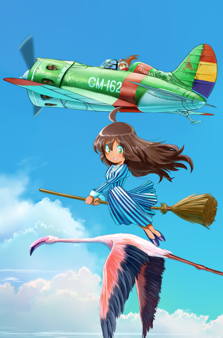 airplane, bird, broom, broom_riding, brown_hair, cloud, clouds, commentary_request