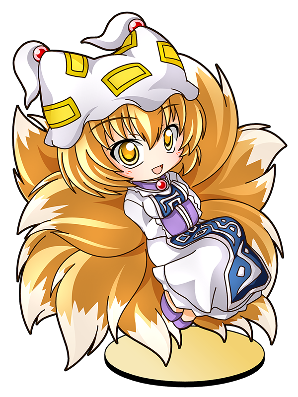blonde_hair, chibi, dress, fox_tail, hands_in_sleeves, hat, hat_with_ears, looking_at_viewer