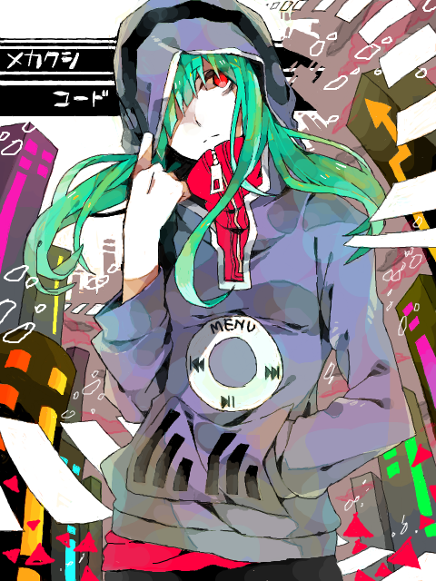 green_hair, hair_over_one_eye, hood, hoodie, kagerou_project, kido_(kagerou_project), long_hair, looking_away
