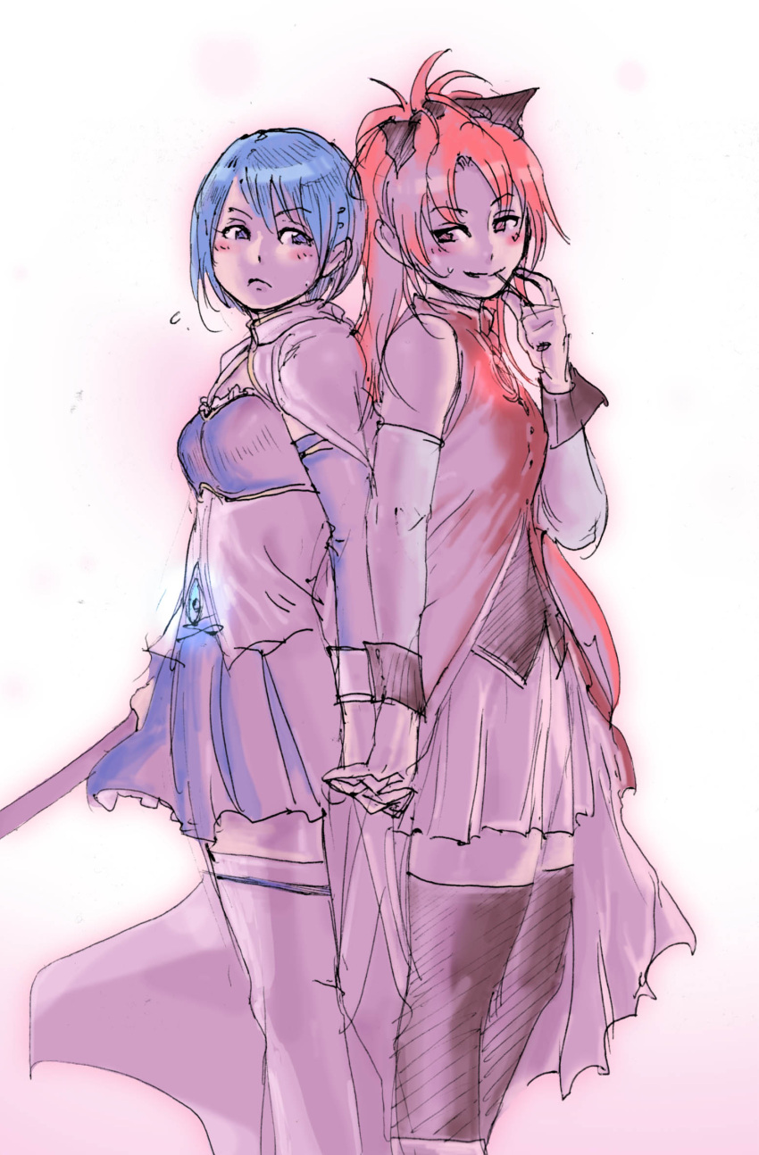aoihon, back-to-back, blue_hair, blush, cape, elbow_gloves, gloves, grin, hand_holding, highres, holding_hands, looking_at_another, mahou_shoujo_madoka_magica, miki_sayaka, mouth_hold, multiple_girls, ponytail, red_hair, redhead, sakura_kyouko, scratching, short_hair, skirt, sleeveless, smile, thigh-highs, thighhighs, zettai_ryouiki