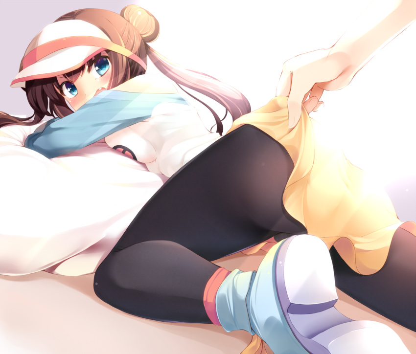 bad_id, bare_shoulders, black_legwear, blue_eyes, blush, brown_hair, commentary, double_bun