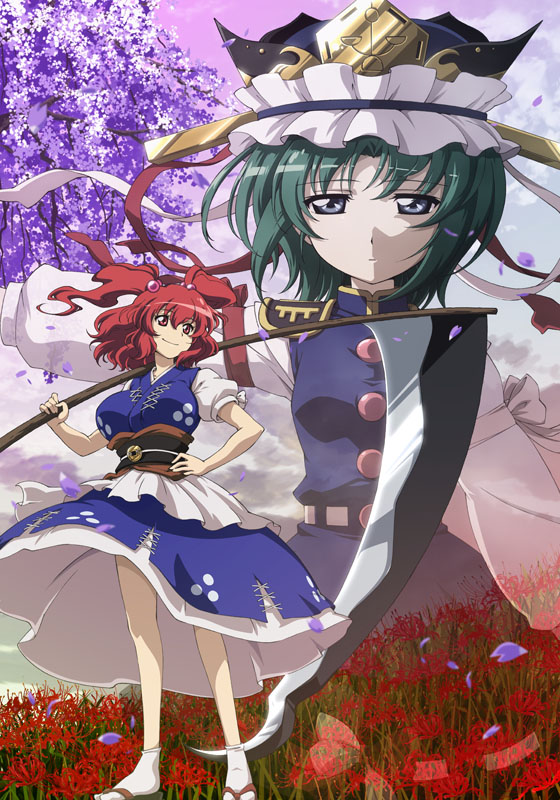 2girls, anime_coloring, blue_eyes, breasts, flower, green_hair, hair_bobbles, hair_ornament