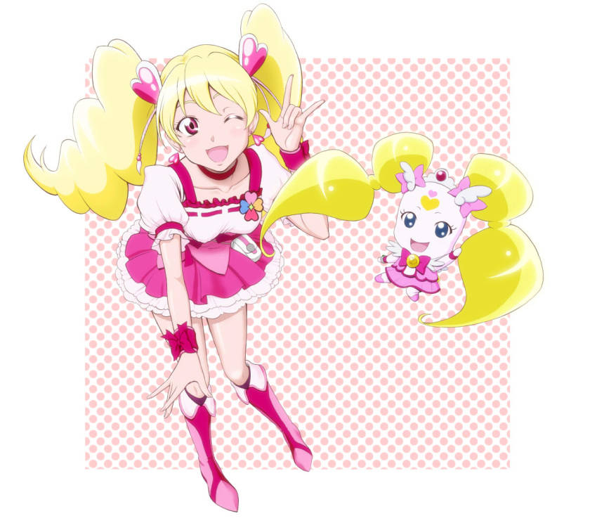 \m/, blonde_hair, blue_eyes, boots, candy_(smile_precure!), choker, creature, cure_candy