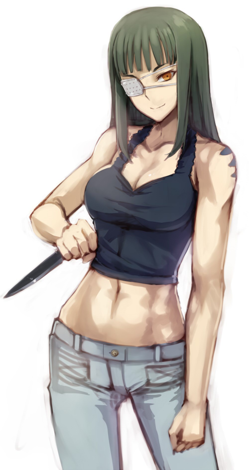 abs, bare_shoulders, black_hair, breasts, cleavage, crop_top, eyepatch, jeans, jormungand, knife, long_hair, midriff, navel, orange_eyes, prime, reverse_grip, smile, sofia_valmer, solo, tank_top, tattoo, toned, velmet, white_background