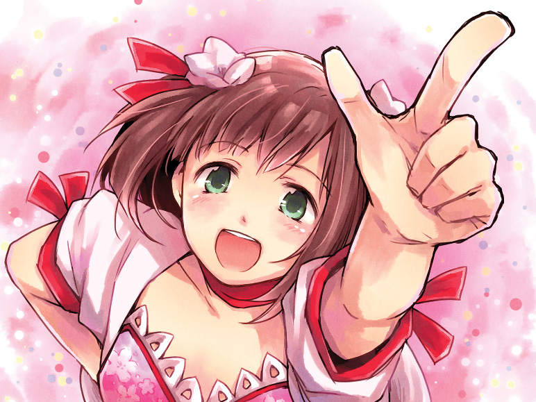 amami_haruka, blush, brown_hair, dress, floral_(idolmaster), flower, green_eyes, hair_flower