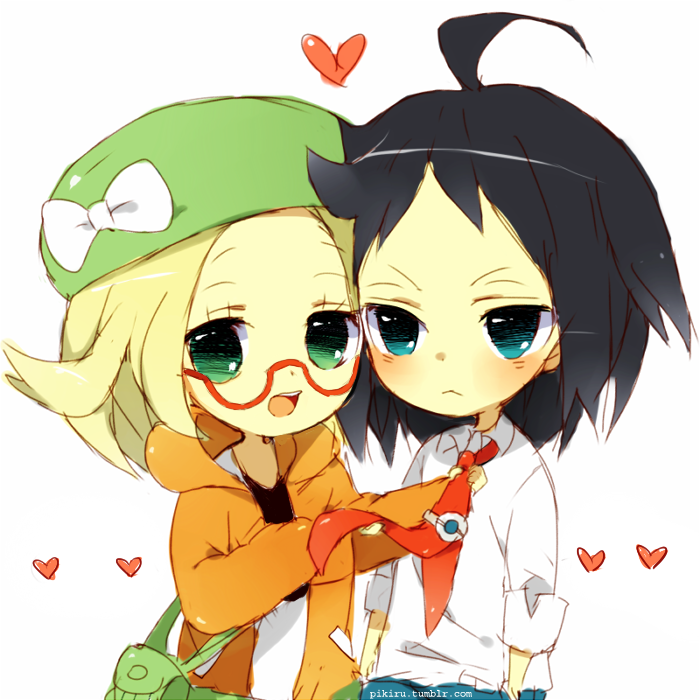 1girl, bel_(pokemon), black_hair, blonde_hair, blue_eyes, cheren_(pokemon), chibi, glasses, green_eyes, pikiru, pokemon, pokemon_(game), pokemon_bw2