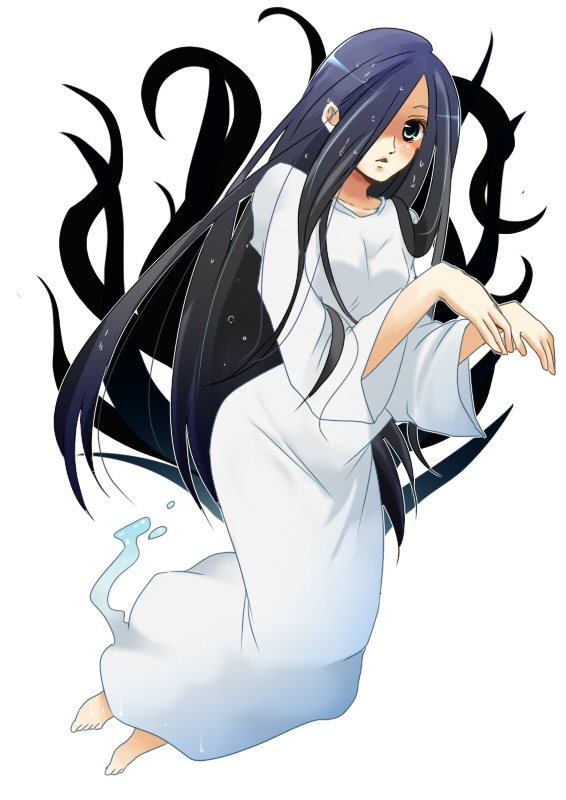 barefoot, blue_eyes, dress, ghost, hair_over_one_eye, isuka, long_dress, long_hair