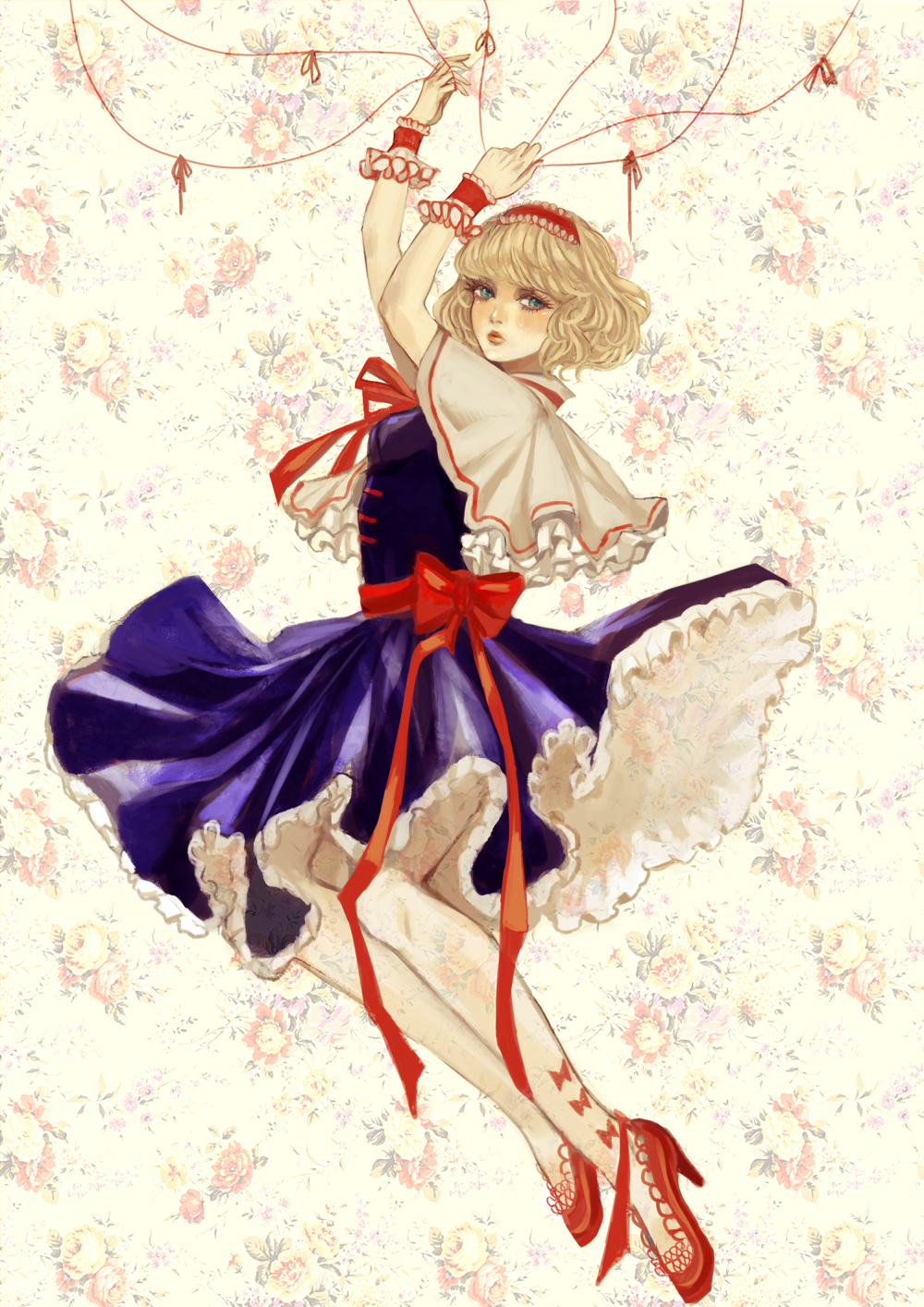 alice_margatroid, blonde_hair, blue_eyes, bow, capelet, dress, floral_background, flower
