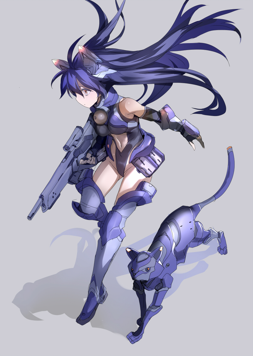 animal_ears, armor, bare_shoulders, blue_hair, blue_legwear, bodysuit, cat, cat_ears
